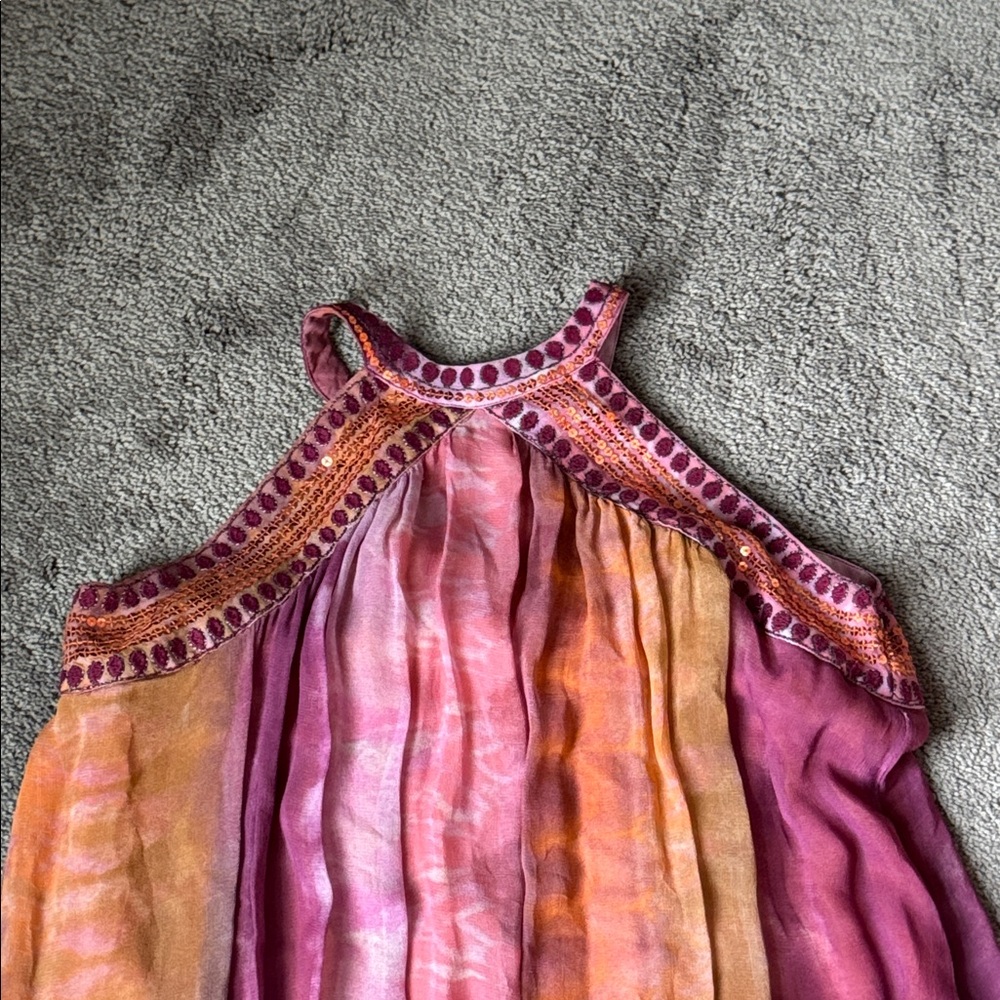 Zara Pink Orange Ombre Halter Chiffon Midi Dress Size M Tie Dye - Picture 2 of 8